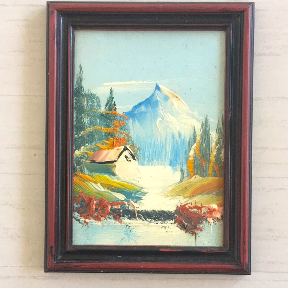 Vintage Framed Miniature Original Oil Painting Cabin Mountain Woods